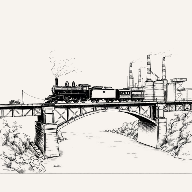 Line-art illustration of a steam railway crossing an industrial river