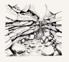 Line-art illustration of spring water flowing through layered rock