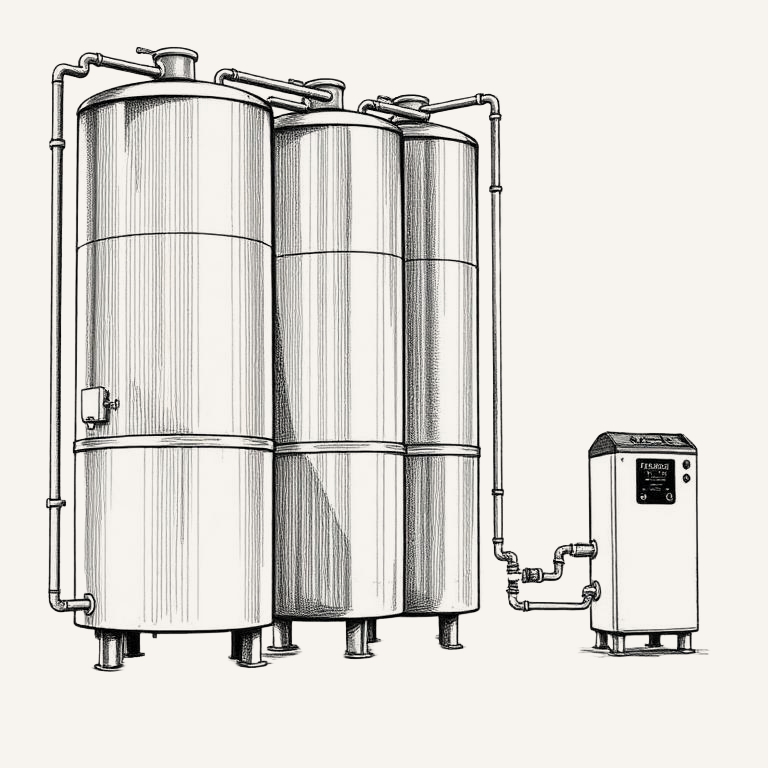 Line-art illustration of steel water tanks and filtration pipes
